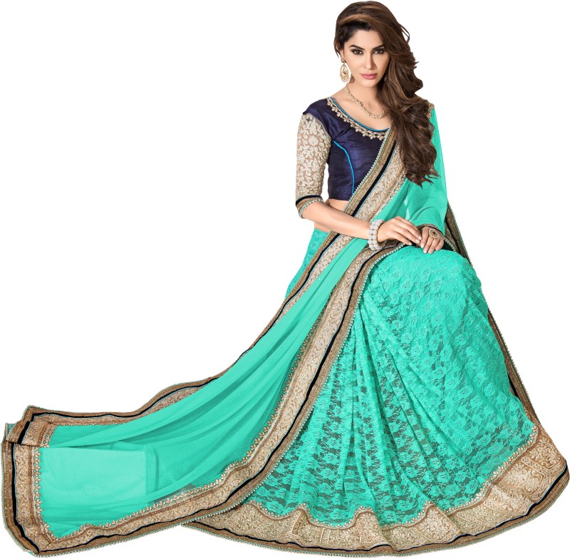 Khoobee Self Design, Embroidered, Embellished Fashion Cotton Blend, Lycra Blend Saree(Light Green)