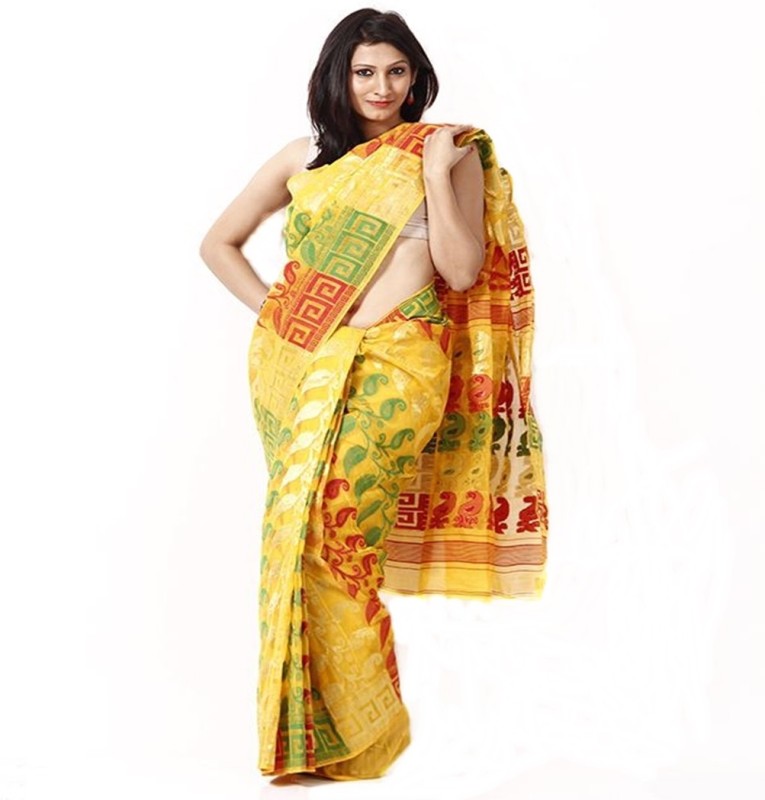 Purabi Woven Jamdani Handloom Poly Silk Saree(Yellow) RS.2799 (78.00% Off) - Flipkart