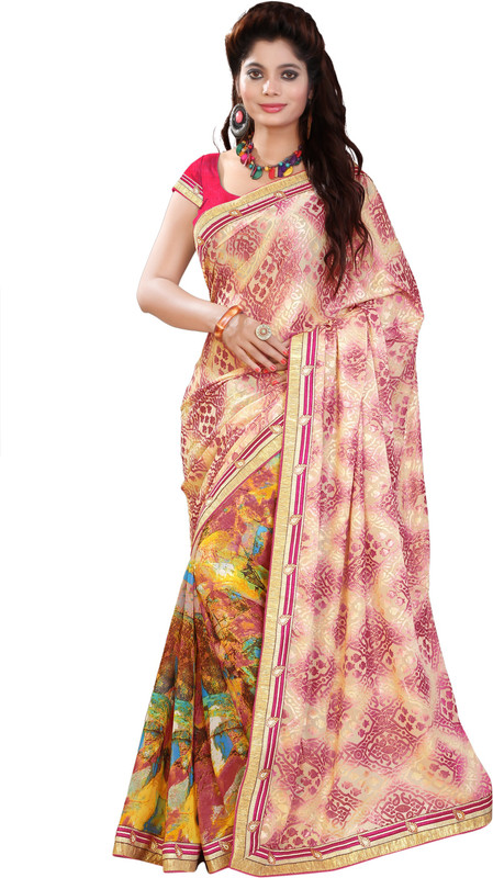 Vardan Prints Printed Bollywood Cotton Blend, Poly Georgette Saree(Brown, Pink)