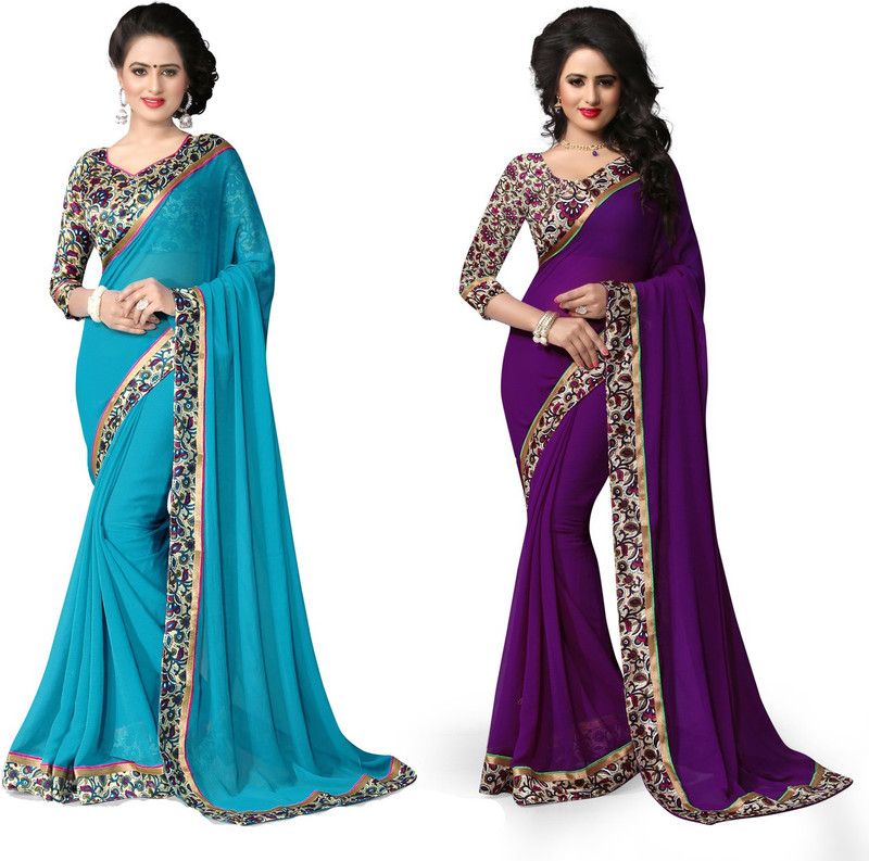 Indianbeauty Self Design, Printed, Solid Fashion Chiffon Saree(Pack of 2, Light Blue, Blue)