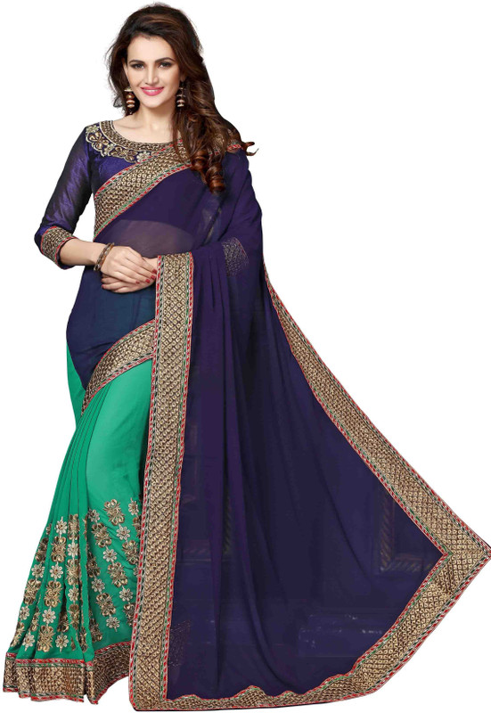 onlinefayda Embroidered Bollywood Poly Georgette Saree(Dark Blue)