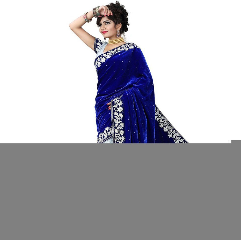 ambe fashion Embroidered Bollywood Velvet Saree(Blue)
