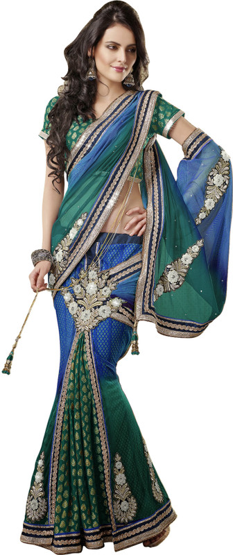 Jiya Self Design, Embroidered, Embellished Fashion Cotton Blend Saree(Green, Blue)