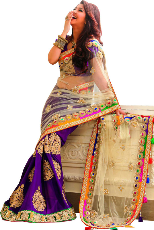 Shivanifashion Embroidered Bollywood Handloom Cotton Blend Saree(Dark Blue, White)