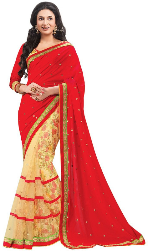 Saumya Designer Floral Print Fashion Cotton Blend, Chiffon Saree(Red)