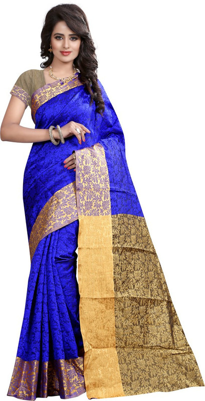 Shelina Floral Print Fashion Cotton Blend Saree(Blue)