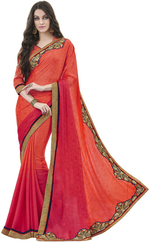 Desi Butik Embroidered Fashion Cotton Blend, Poly Crepe Saree(Orange)
