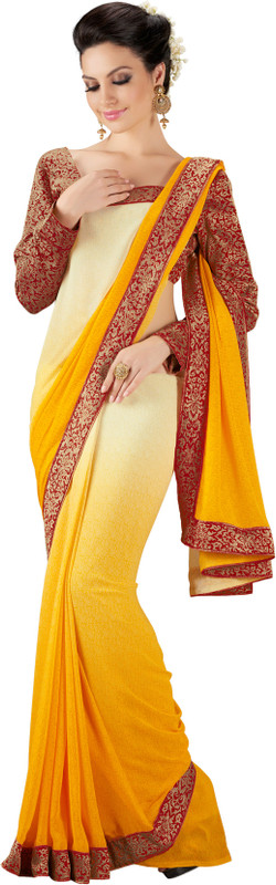 Jiya Self Design, Printed Fashion Poly Georgette Saree(Maroon, Beige, Yellow)
