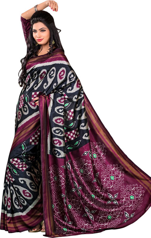 Jevi Prints Geometric Print Paithani Art Silk Saree(Black, Pink)