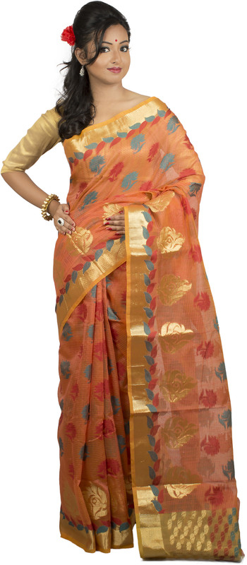 monidipa Self Design Fashion Cotton Blend Saree(Orange)