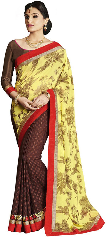 Desi Butik Embroidered Fashion Poly Georgette, Chiffon Saree(Yellow)