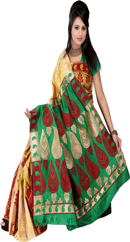 Sanju Sarees Self Design Fashion Poly Silk Saree(Green, Yellow)