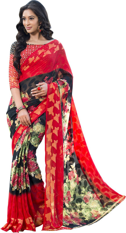 Lovelylook Printed Daily Wear Poly Georgette Saree(Red, Black)