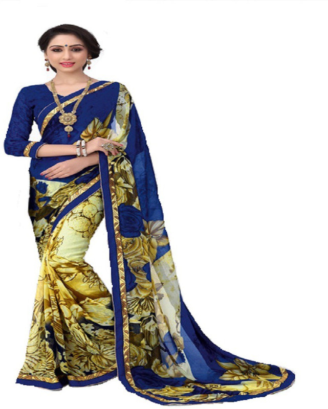 Dheera Collections Floral Print Fashion Poly Georgette Saree(Multicolor, Blue)