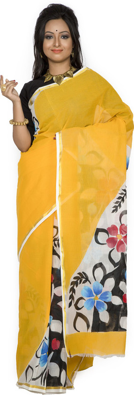 weavers crafts Printed Fashion Cotton Blend Saree(Yellow)