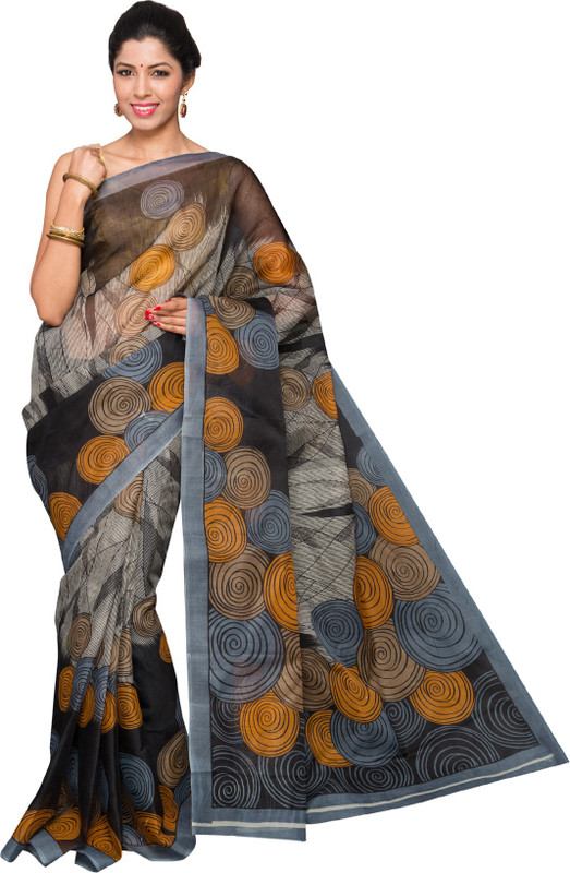 Pavechas Printed Mangalagiri Polycotton Saree(Black)