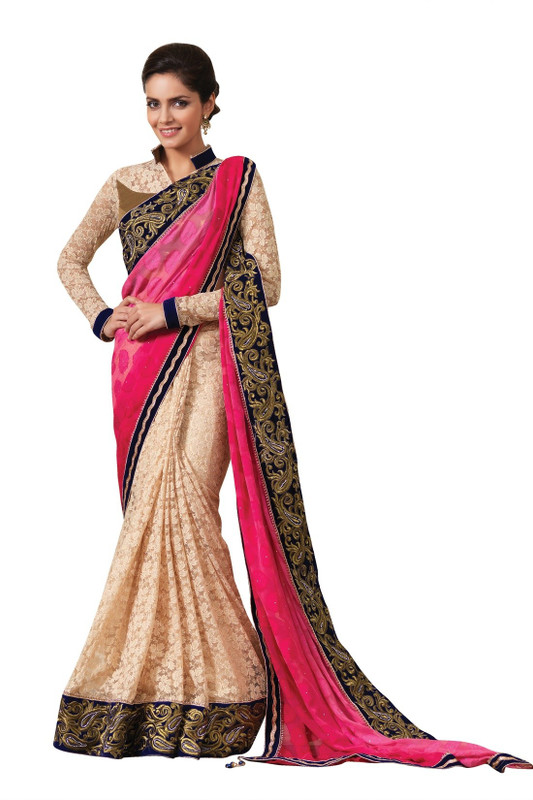 Chirag Sarees Embroidered Fashion Cotton Blend Saree(Pink)