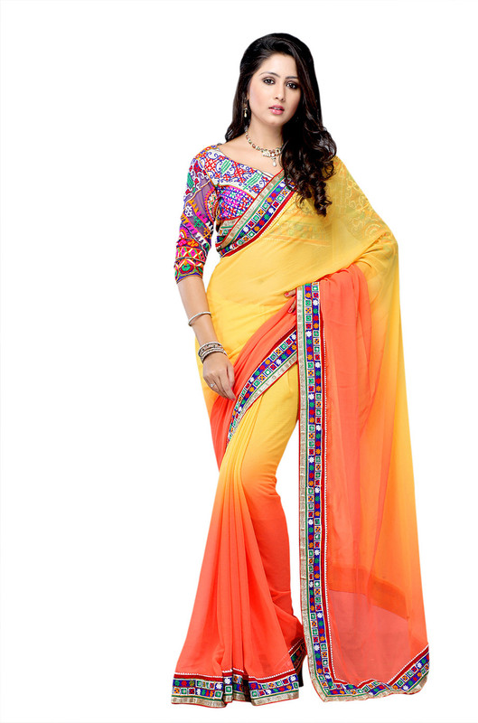 Suvastram Solid Fashion Chiffon Saree(Orange, Yellow)