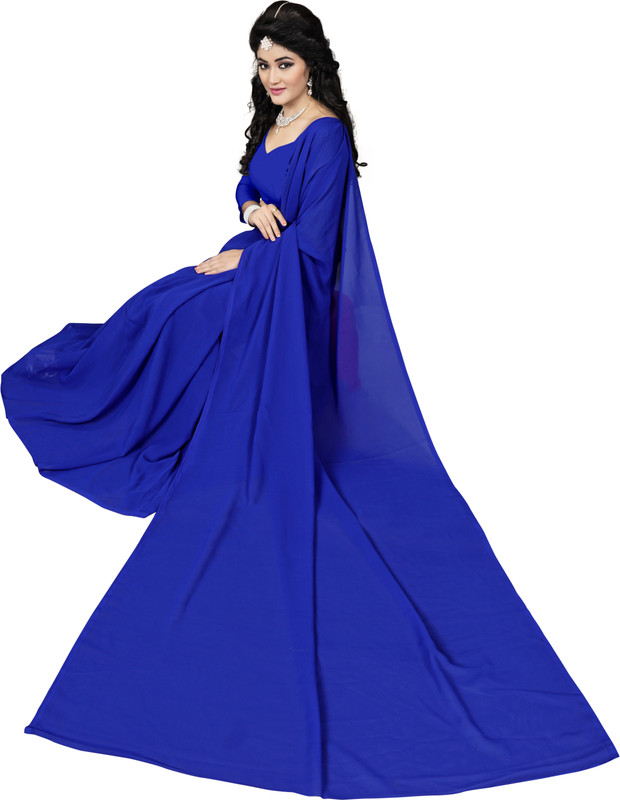 KJS Solid Fashion Poly Georgette Saree(Blue)