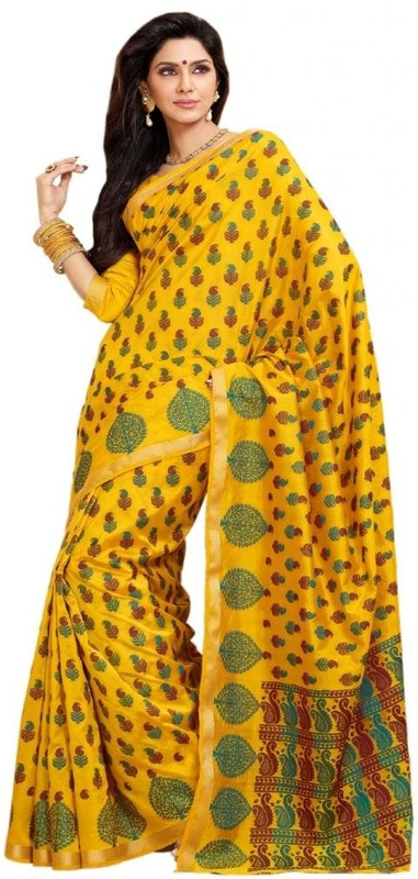 Meghdoot Printed Fashion Poly Silk Saree(Yellow)