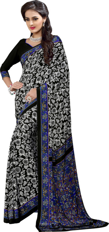Khushali Self Design, Printed Fashion Poly Crepe Saree(White, Blue, Black)