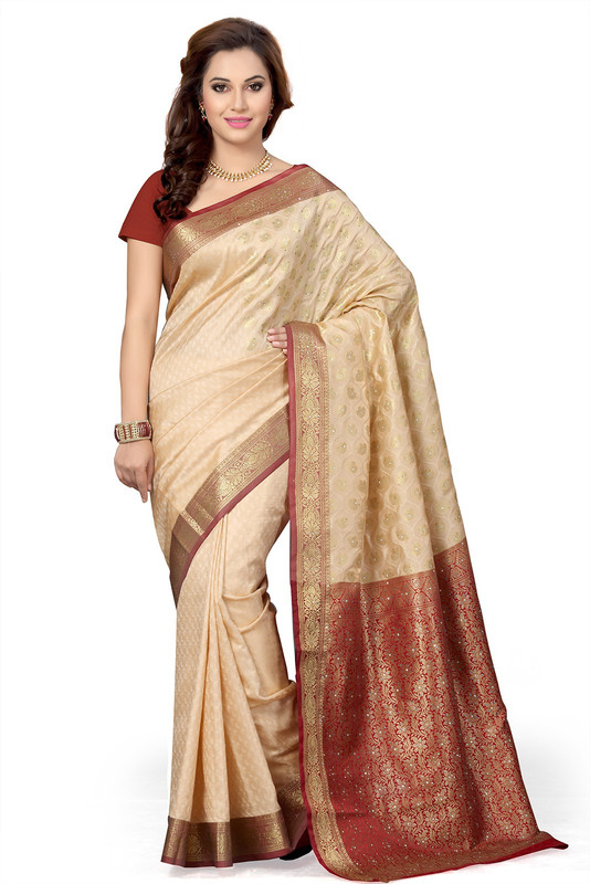 Ishin Woven Fashion Poly Silk Saree(Beige)