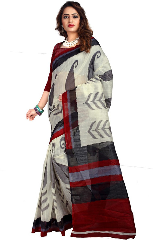 Urban Vastra Floral Print Bhagalpuri Kota Cotton Saree(White)