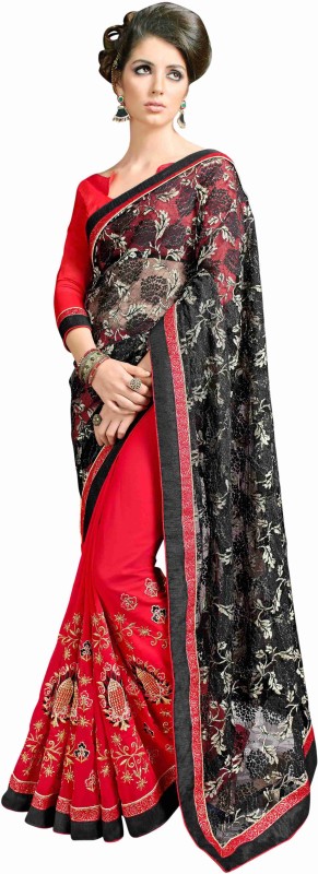 Khoobee Self Design, Embroidered Fashion Cotton Blend, Poly Georgette Saree(Red, Black)