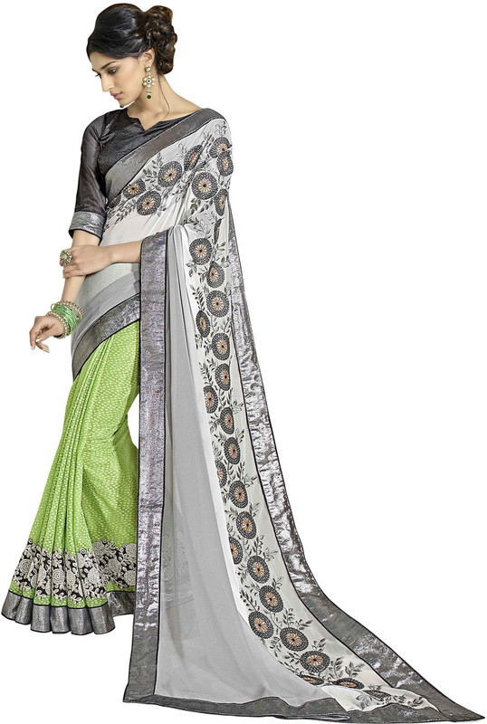 Khushali Self Design, Embroidered Fashion Cotton Blend, Poly Georgette Saree(Green, Black, Grey)