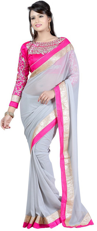 Winza Designer Embellished, Checkered Bollywood Georgette, Poly Georgette Saree(Multicolor, Pink, Grey)