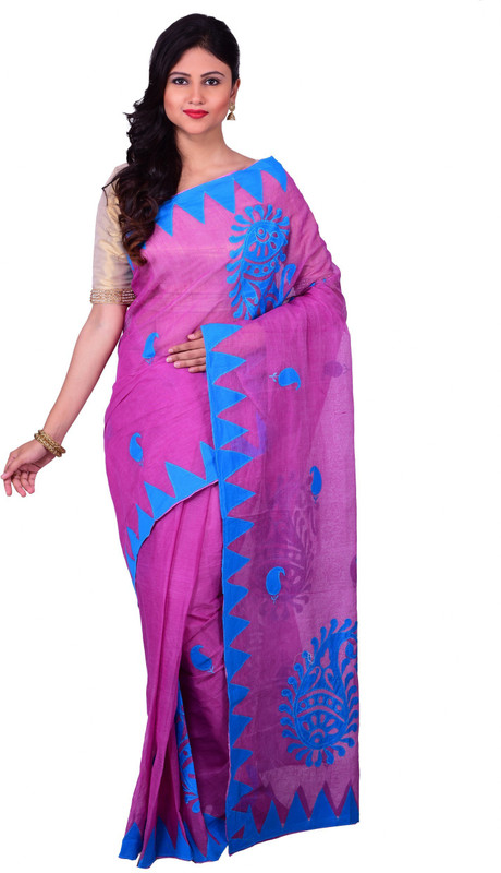 Aishika Applique Fashion Handloom Cotton Blend Saree(Purple, Blue)