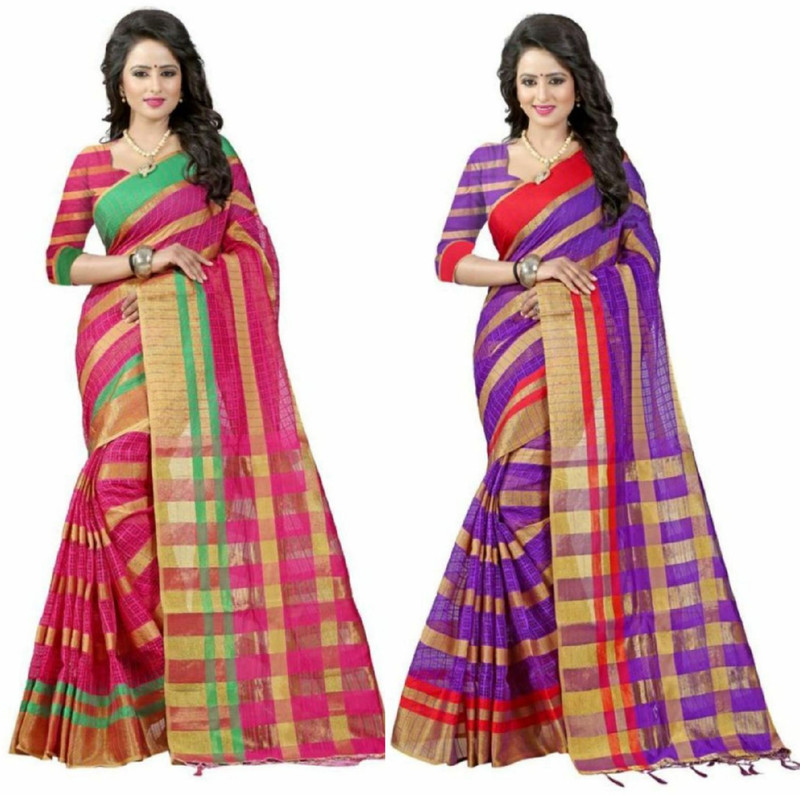 Pari Designer Self Design Fashion Cotton Blend, Poly Silk Saree(Pack of 2, Multicolor)
