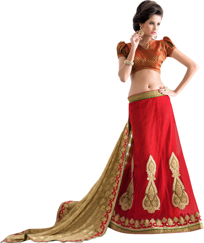 Khoobee Self Design, Embroidered Fashion Satin Blend, Cotton Blend, Poly Georgette, Cotton Viscose Blend Saree(Red, Beige)