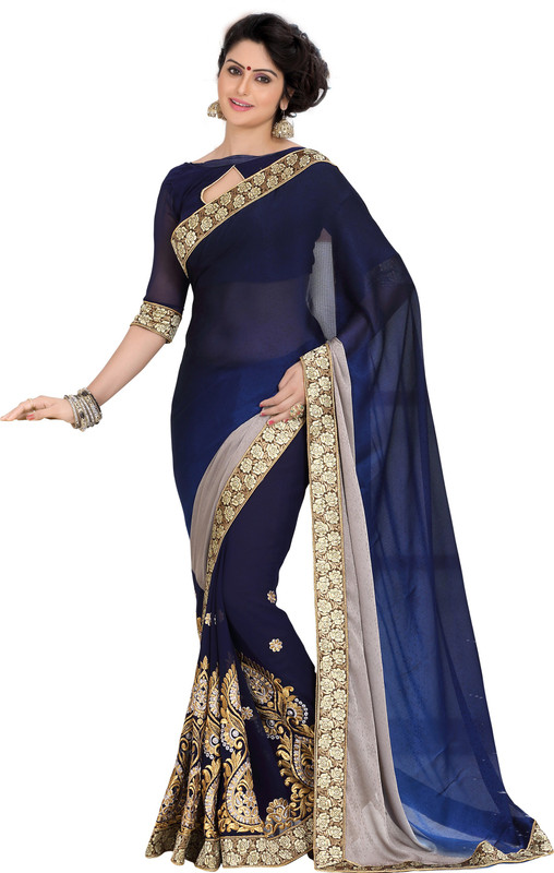 Jiya Self Design, Embroidered, Embellished Fashion Cotton Blend, Poly Georgette, Poly Crepe Saree(Blue, Grey)