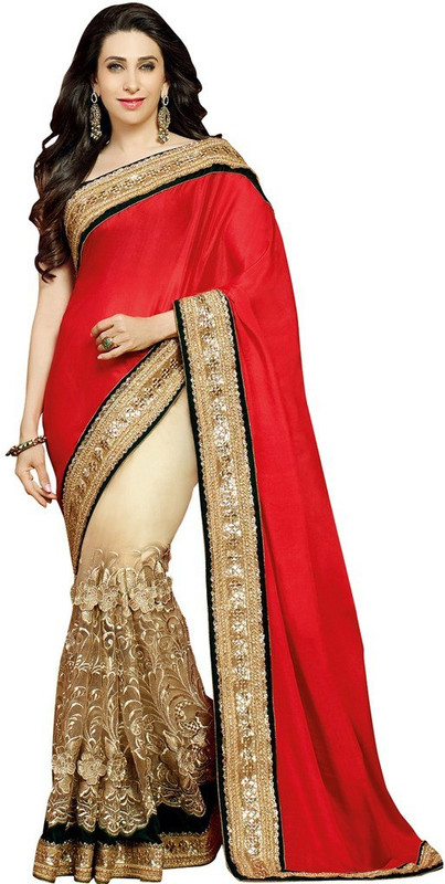 Desi Butik Embroidered Fashion Cotton Blend, Chiffon Saree(Red, Gold)