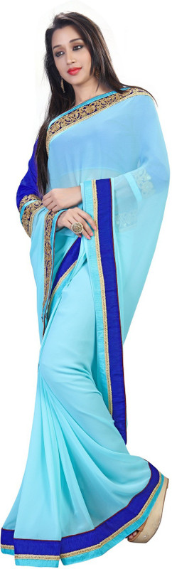 Jiya Self Design, Embroidered Fashion Poly Georgette Saree(Light Blue)