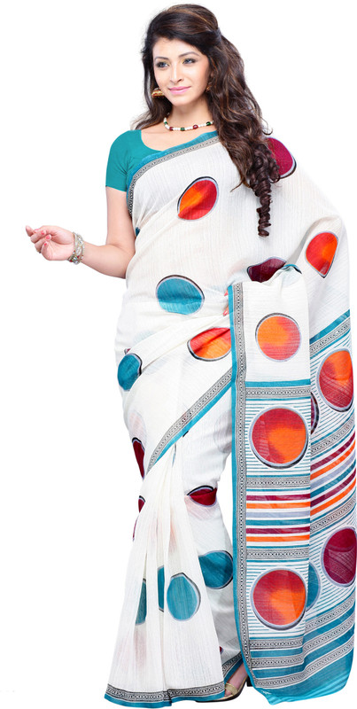 JTInternational Printed Fashion Art Silk Saree(White, Green)