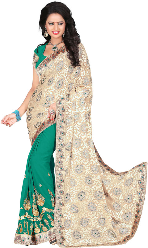 Jiya Self Design, Embroidered, Embellished Fashion Cotton Blend, Poly Georgette Saree(Green, Beige)