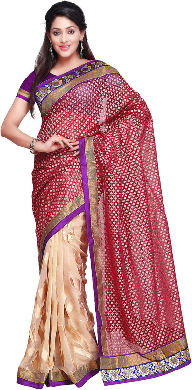Vishal Self Design Bollywood Cotton Blend Saree(Maroon, Beige)