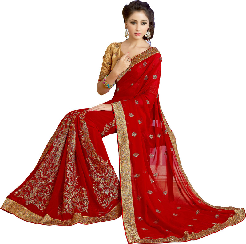 Khushali Self Design, Embroidered Fashion Poly Georgette Saree(Red)