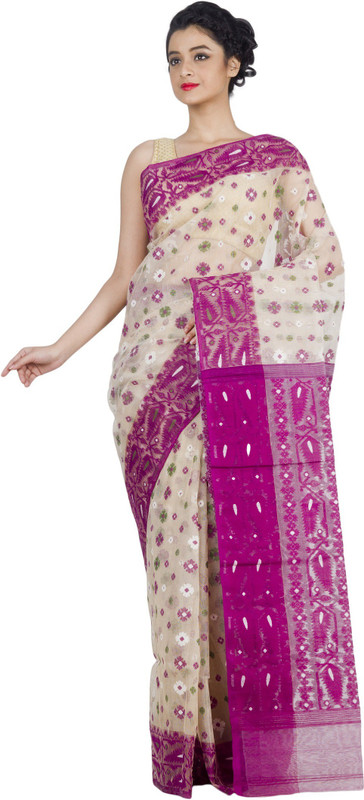 RLBFashion Printed Jamdani Handloom Cotton Blend, Poly Silk Saree(Multicolor)