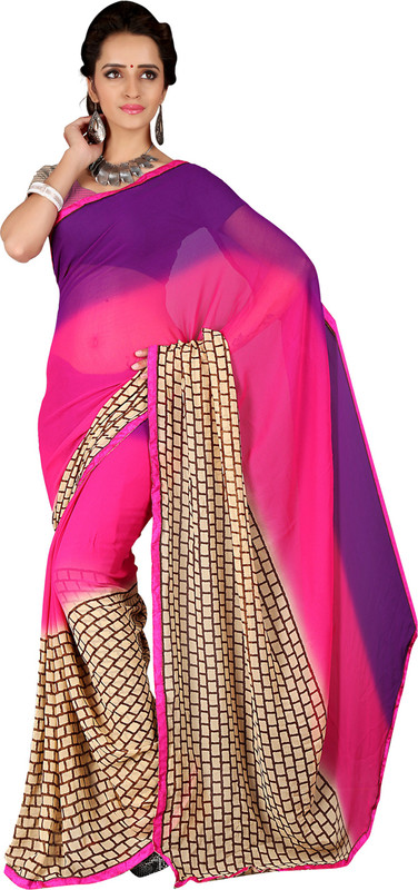 Khushali Self Design, Printed Fashion Poly Georgette Saree(Purple, Pink, Beige)