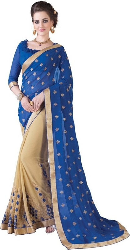 Khoobee Self Design, Embroidered, Embellished Fashion Poly Georgette, Chiffon Saree(Dark Blue, Beige)