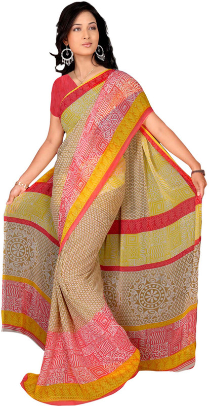 Khoobee Self Design, Printed Fashion Chiffon Saree(Multicolor, Red)