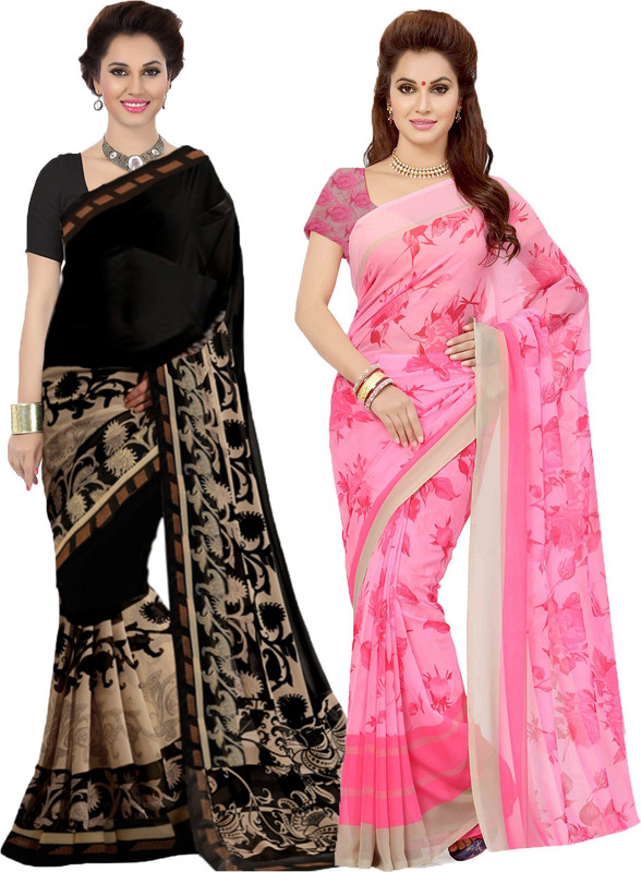 Ishin Printed Bollywood Poly Georgette Saree(Pack of 2, Black, Pink)