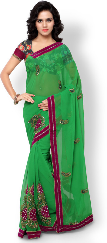 Indrani Printed Fashion Chiffon Saree(Green) RS.2159 (66.00% Off) - Flipkart