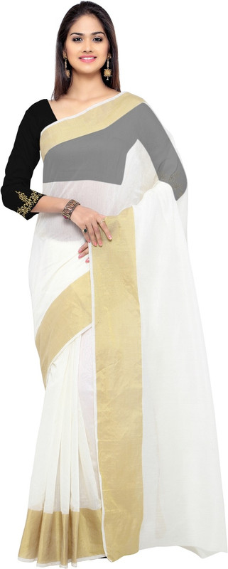 Bhuwal Fashion Solid Chanderi Silk Cotton Blend Saree(White, Gold)