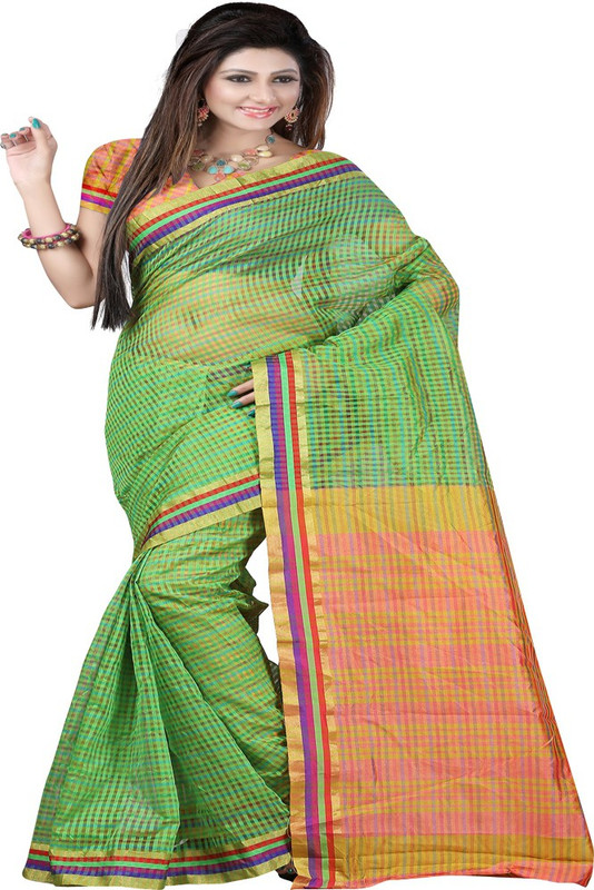 Sanju Sarees Checkered Fashion Cotton Linen Blend Saree(Green)