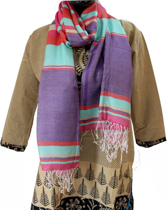 Baba Handicrafts Striped Cotton Silk Women Stole