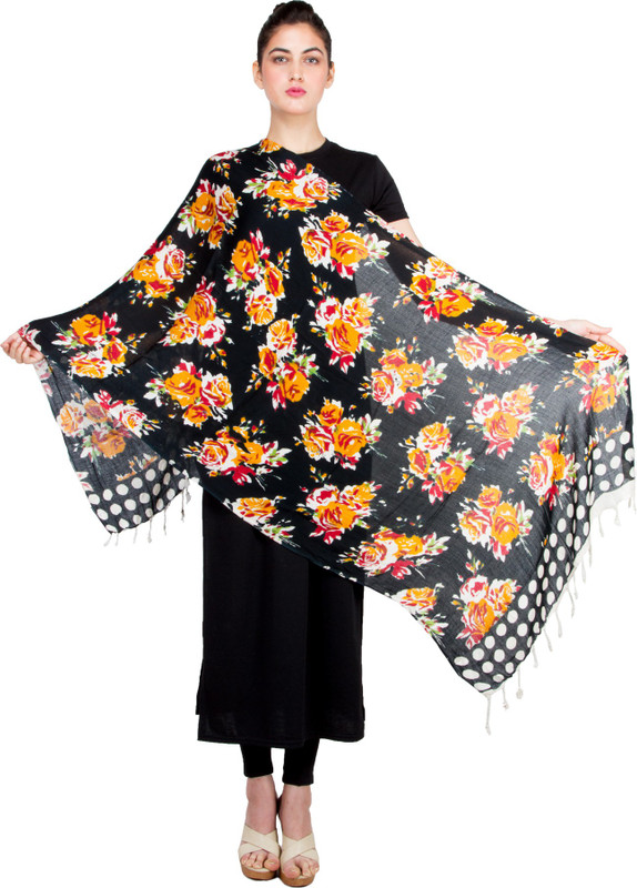 Keepsake Polycotton Floral Print Women Shawl(Black)